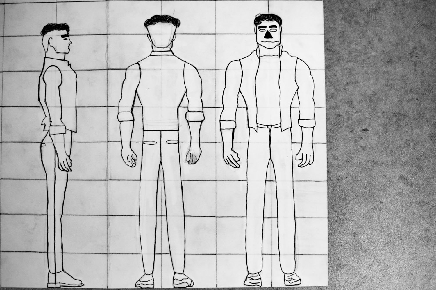 Pencil drawing of a male figure from 3 sides Pencil drawing of a male figure from 3 sides