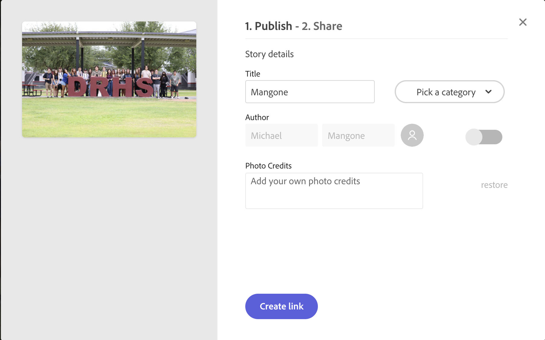 Publish and Share Window Publish and Share Window